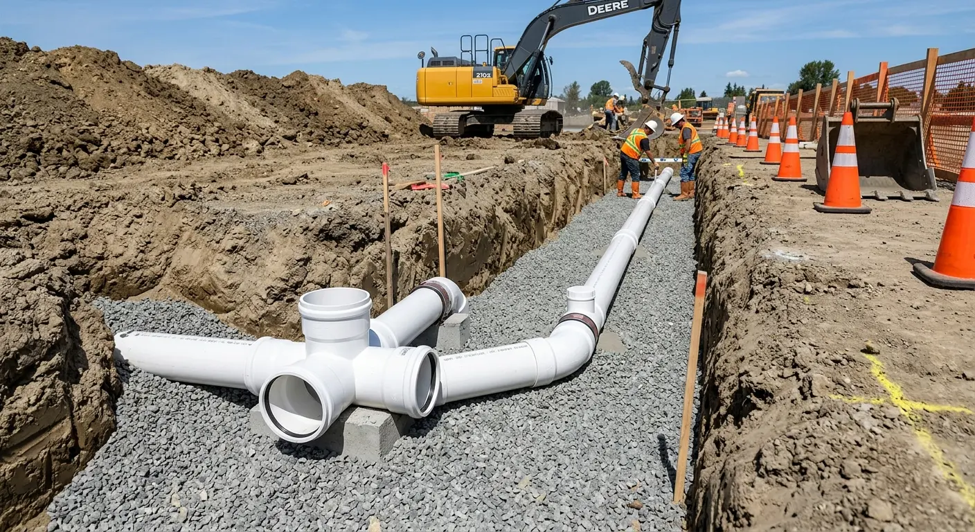 New PVC sewer pipe installation in open trench for Commercial Drain Cleaning in Lehi